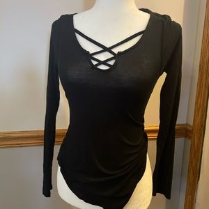 Long Sleeve Black Top With Crisscrossed Design